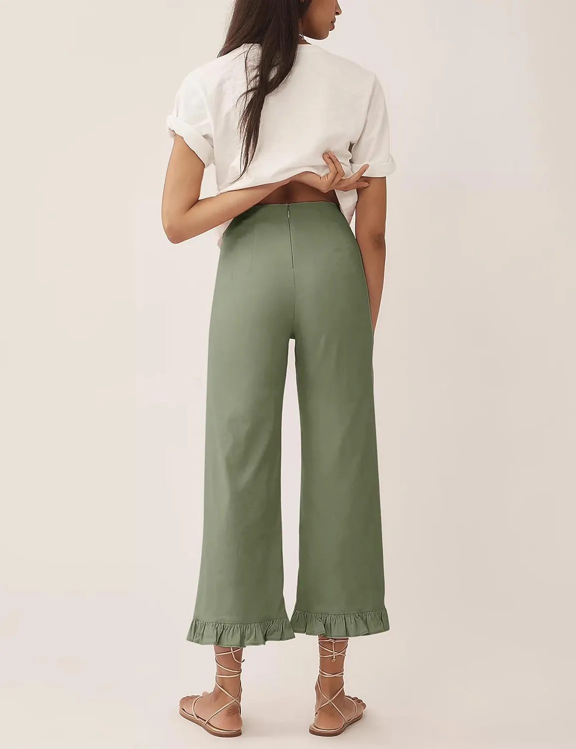 Women's Colette Flare Wide Leg Pants Summer Casual High Waist Ruffle Cropped Hem Loose Fit Trousers with Pockets