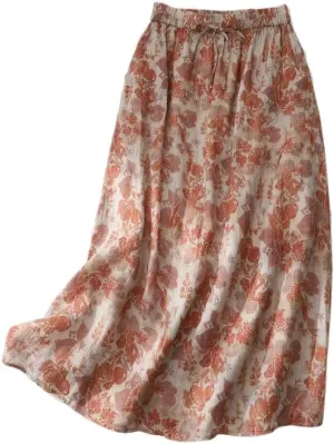 Women's Cotton Linen Bohemian Long Skirts 2025 Summer Vacation A Line Flowy Floral Boho High Waist Vacation Midi Skirts