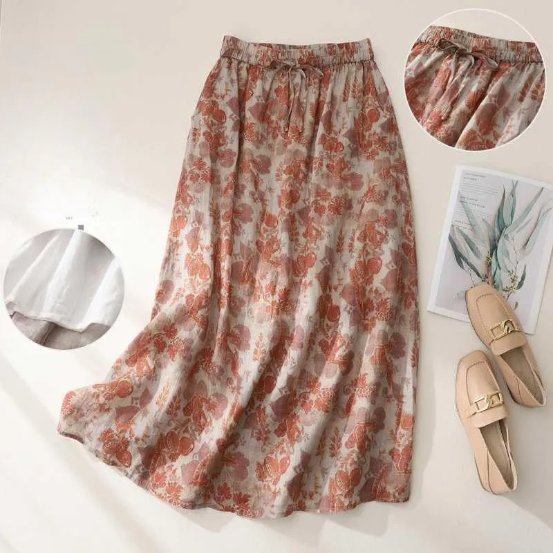 Women's Cotton Linen Bohemian Long Skirts 2025 Summer Vacation A Line Flowy Floral Boho High Waist Vacation Midi Skirts