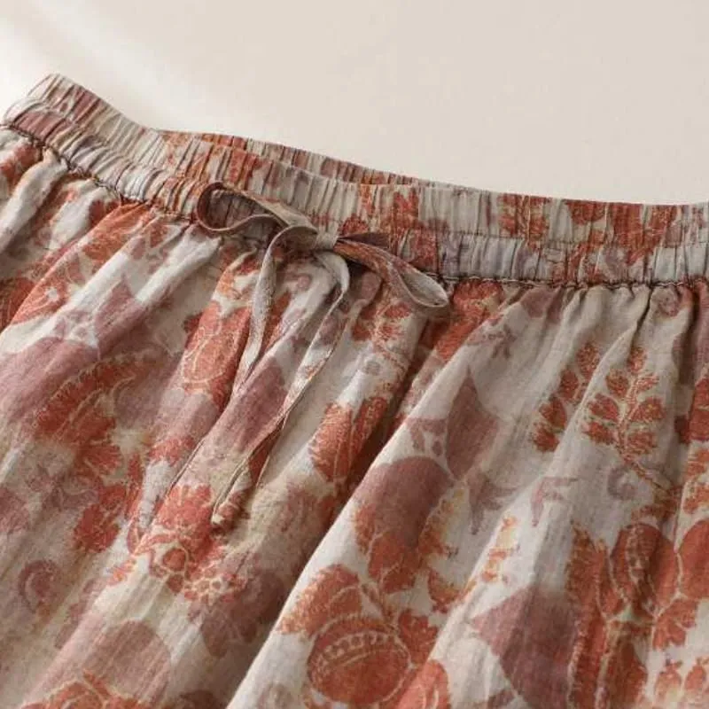 Women's Cotton Linen Bohemian Long Skirts 2025 Summer Vacation A Line Flowy Floral Boho High Waist Vacation Midi Skirts