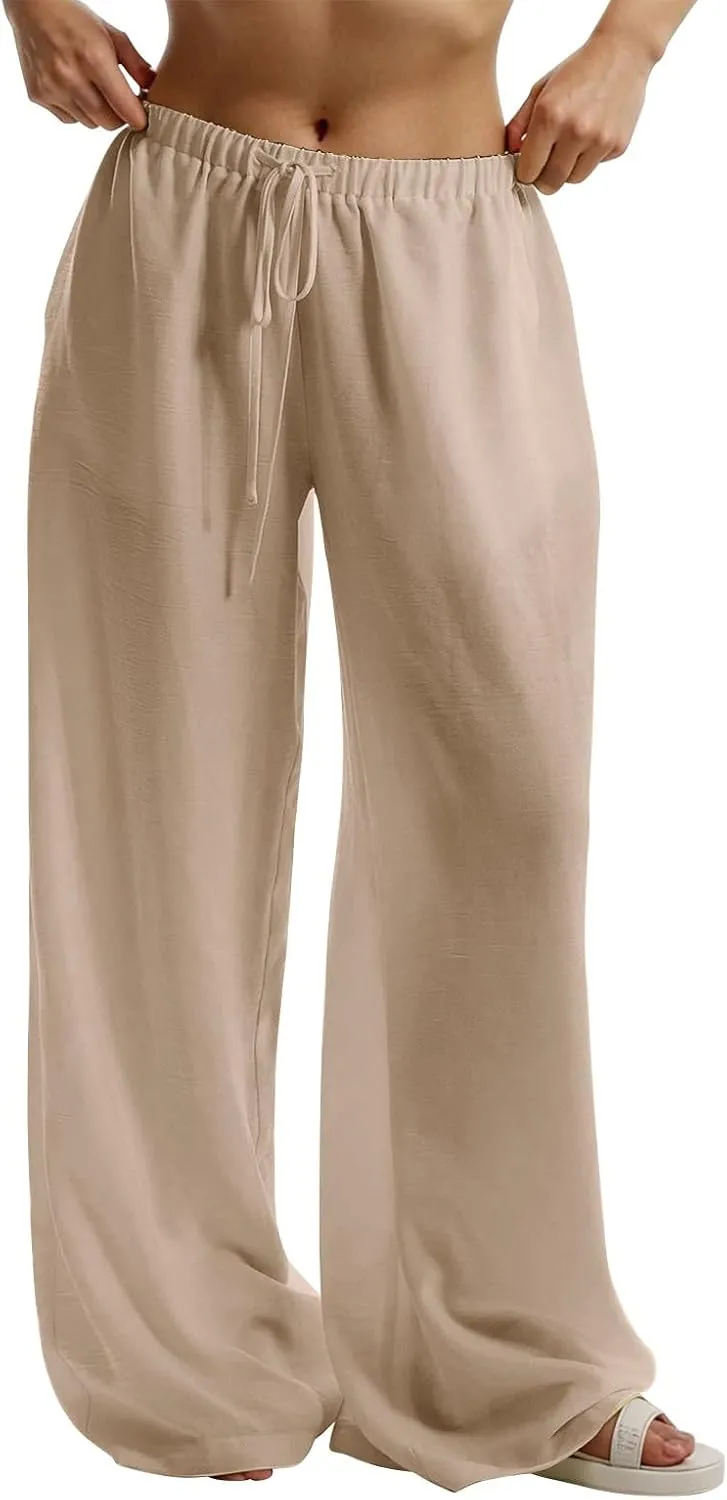Women's Cotton Linen Pants Palazzo Flowy Wide Leg Drawstring Elastic Waist Casual Yoga Beach Trousers with Pockets