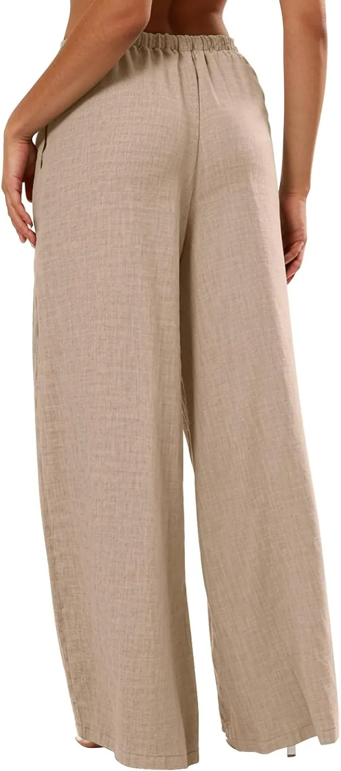 Women's Cotton Linen Pants Palazzo Flowy Wide Leg Drawstring Elastic Waist Casual Yoga Beach Trousers with Pockets