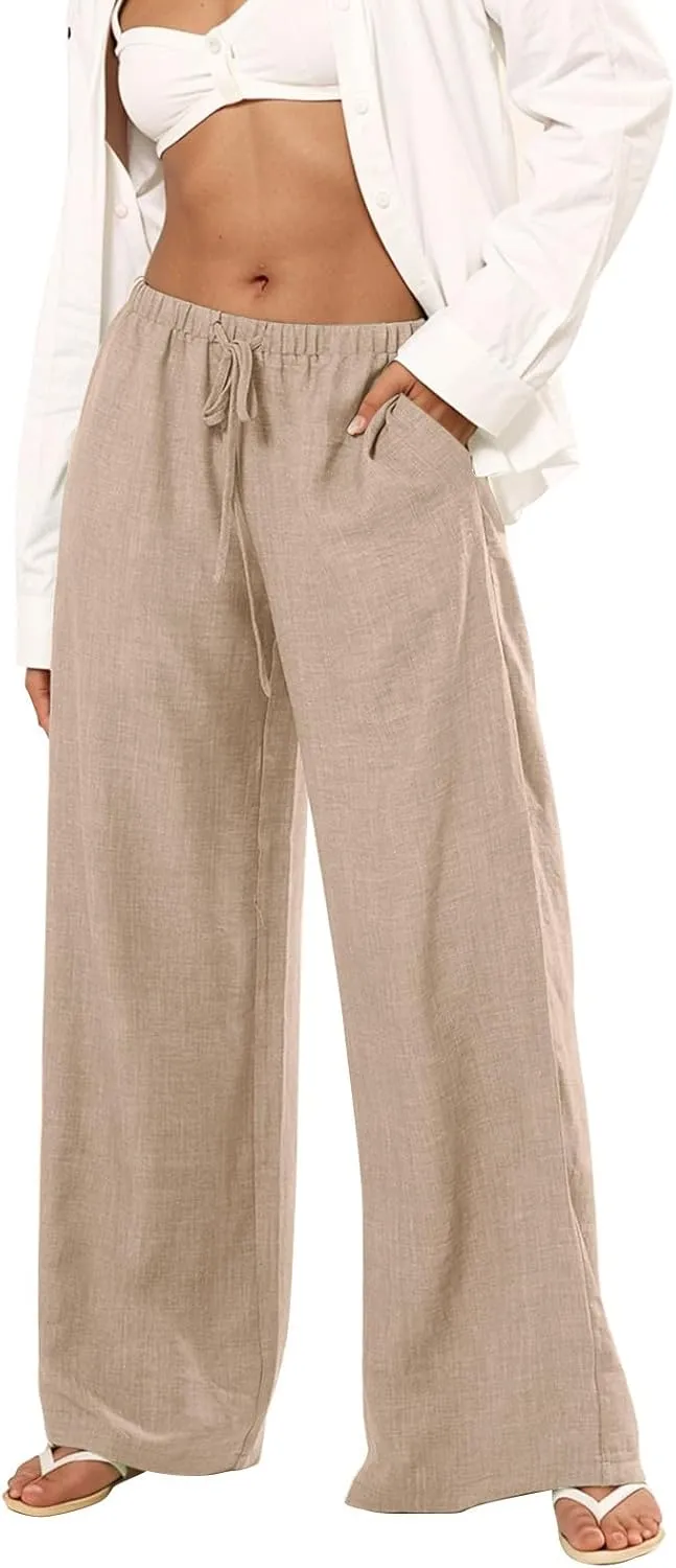 Women's Cotton Linen Pants Palazzo Flowy Wide Leg Drawstring Elastic Waist Casual Yoga Beach Trousers with Pockets