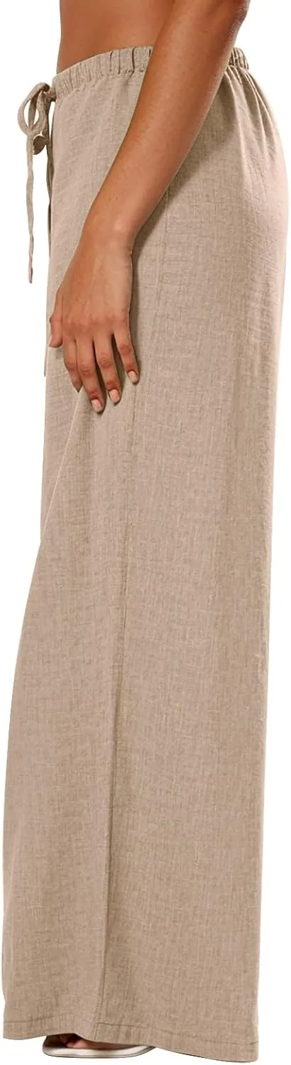 Women's Cotton Linen Pants Palazzo Flowy Wide Leg Drawstring Elastic Waist Casual Yoga Beach Trousers with Pockets