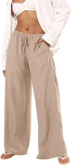 Women's Cotton Linen Pants Palazzo Flowy Wide Leg Drawstring Elastic Waist Casual Yoga Beach Trousers with Pockets