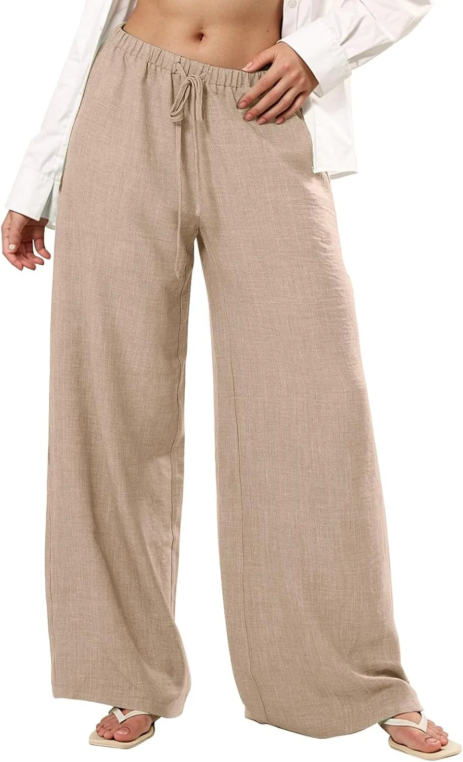 Women's Cotton Linen Pants Palazzo Flowy Wide Leg Drawstring Elastic Waist Casual Yoga Beach Trousers with Pockets