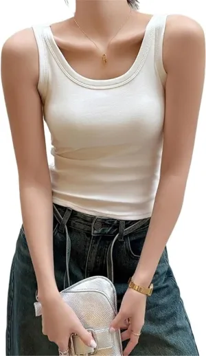 Women's Cotton U-Shaped Beauty Base Back Camisole Inner Wear with Chest Pad One-Piece Outer Wear Knitted Top