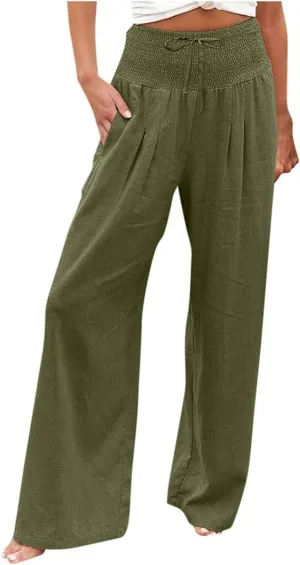 Women's Fashion High Waist Casual Bow Tie Pants Casual Palazzo Long Trousers Summer Beach Linen Pant with Pocket