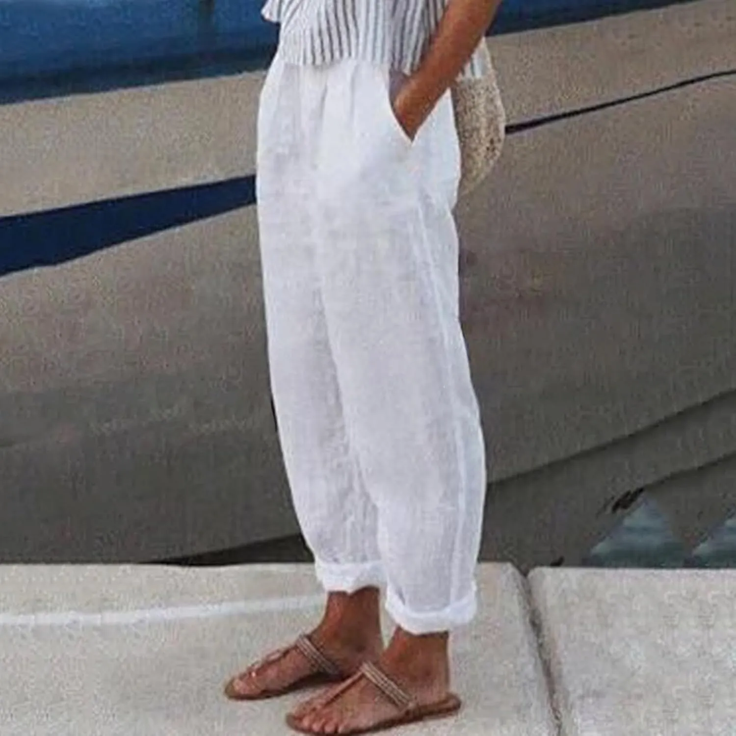 Women's Floral Printed Cotton Linen Pants Casual Summer Elastic Waist White Crop Trousers with Pockets