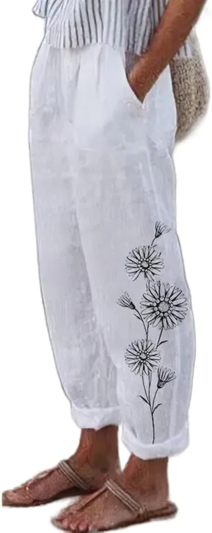 Women's Floral Printed Cotton Linen Pants Casual Summer Elastic Waist White Crop Trousers with Pockets