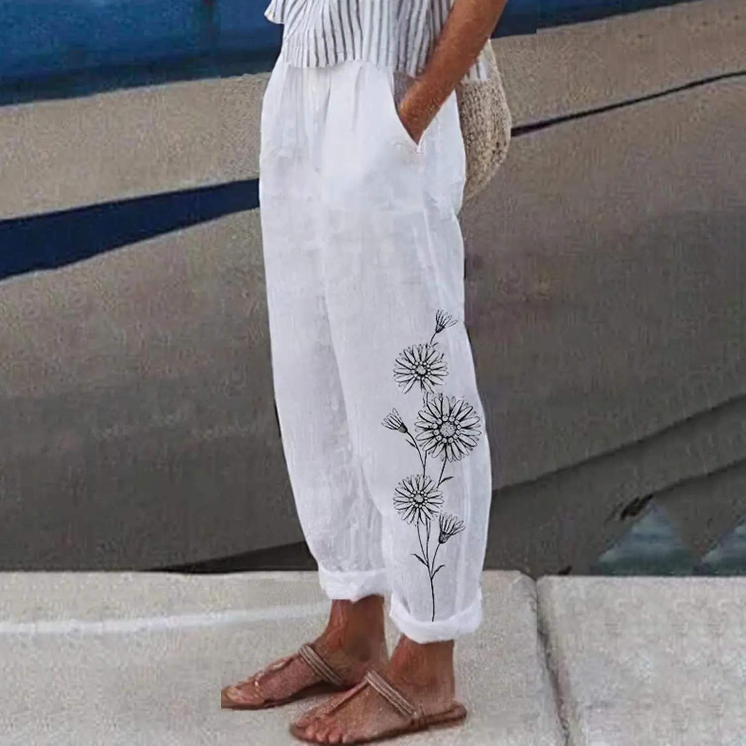 Women's Floral Printed Cotton Linen Pants Casual Summer Elastic Waist White Crop Trousers with Pockets