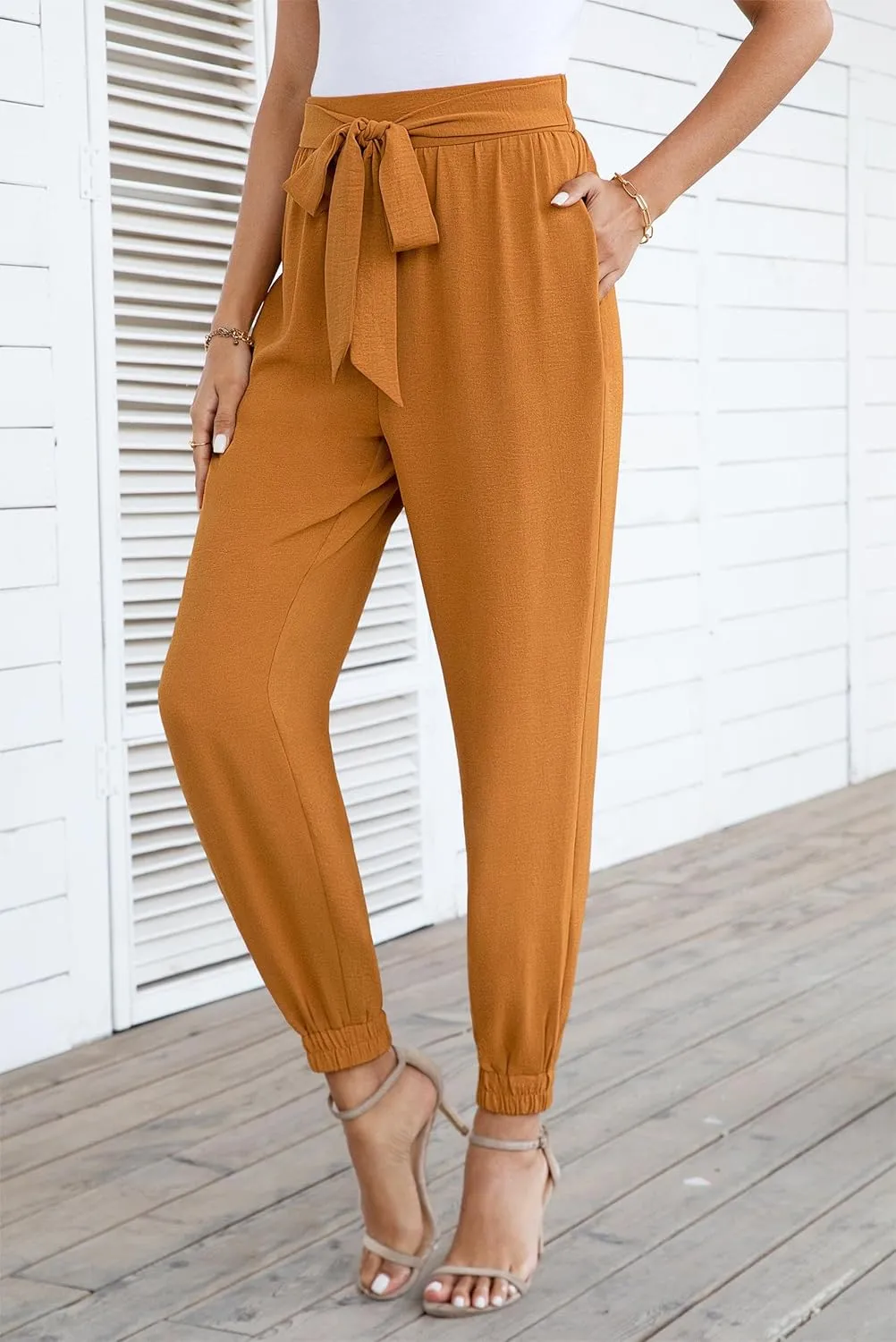 Womens High Waist Dressy Joggers Bow-Knot Loose Business Casual Pants for Work Tapered Trousers with Pockets