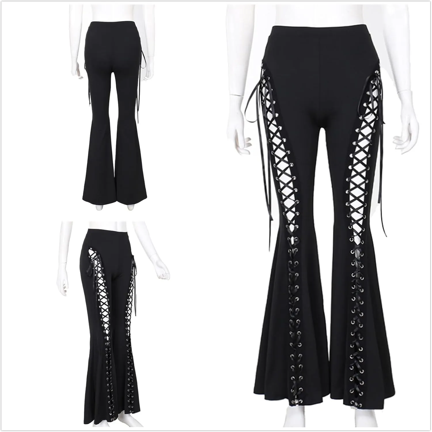 Womens High Waist Rave Mesh Sheer Pants Flared Bell Bottom Pants for Rave Festival Dance Clubwear