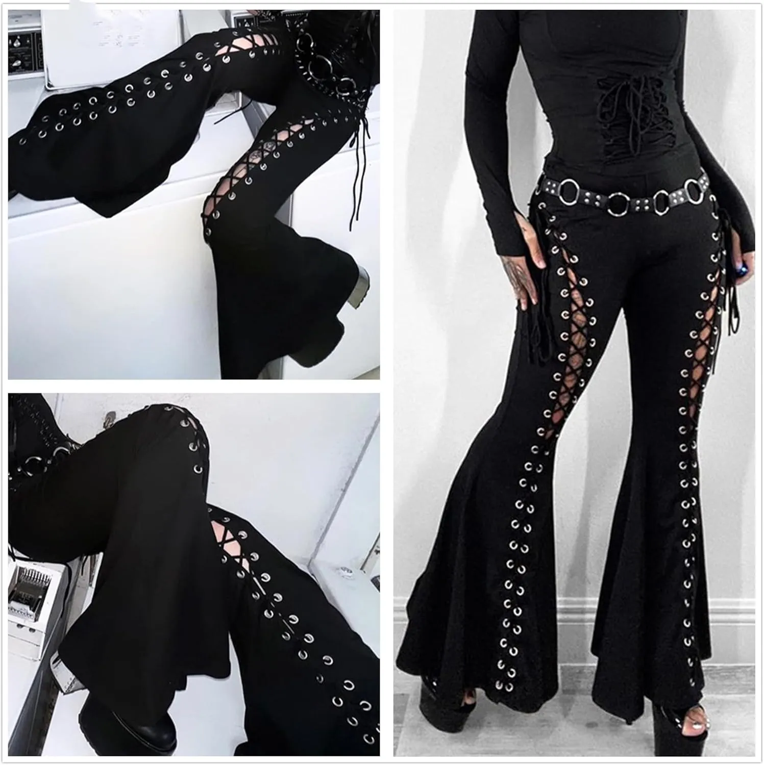 Womens High Waist Rave Mesh Sheer Pants Flared Bell Bottom Pants for Rave Festival Dance Clubwear