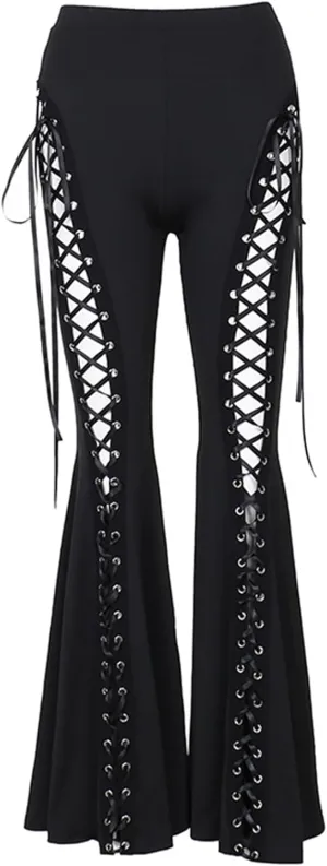 Womens High Waist Rave Mesh Sheer Pants Flared Bell Bottom Pants for Rave Festival Dance Clubwear