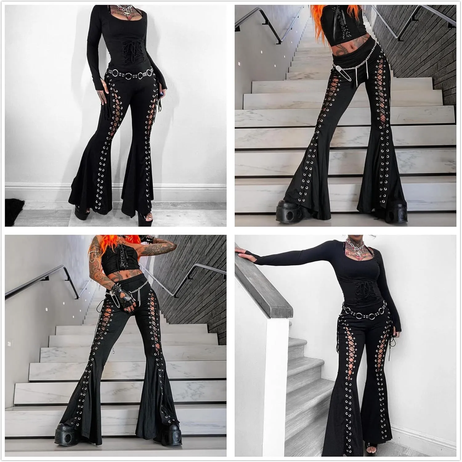 Womens High Waist Rave Mesh Sheer Pants Flared Bell Bottom Pants for Rave Festival Dance Clubwear