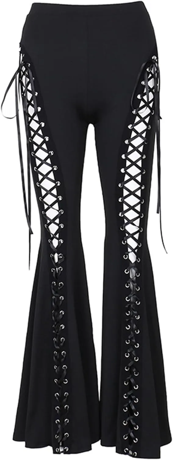 Womens High Waist Rave Mesh Sheer Pants Flared Bell Bottom Pants for Rave Festival Dance Clubwear