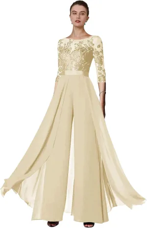 Women's Lace Appliques Mother of The Bride Pants Suits for Wedding Formal Jumpsuit