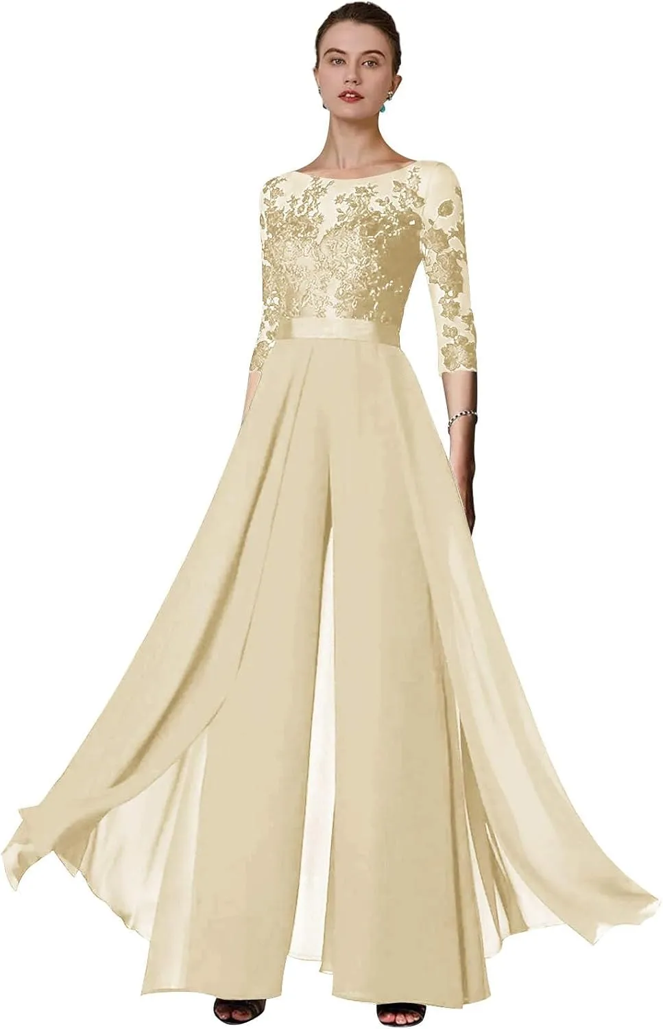Women's Lace Appliques Mother of The Bride Pants Suits for Wedding Formal Jumpsuit