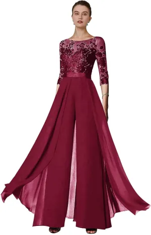 Women's Lace Appliques Mother of The Bride Pants Suits for Wedding Formal Jumpsuit
