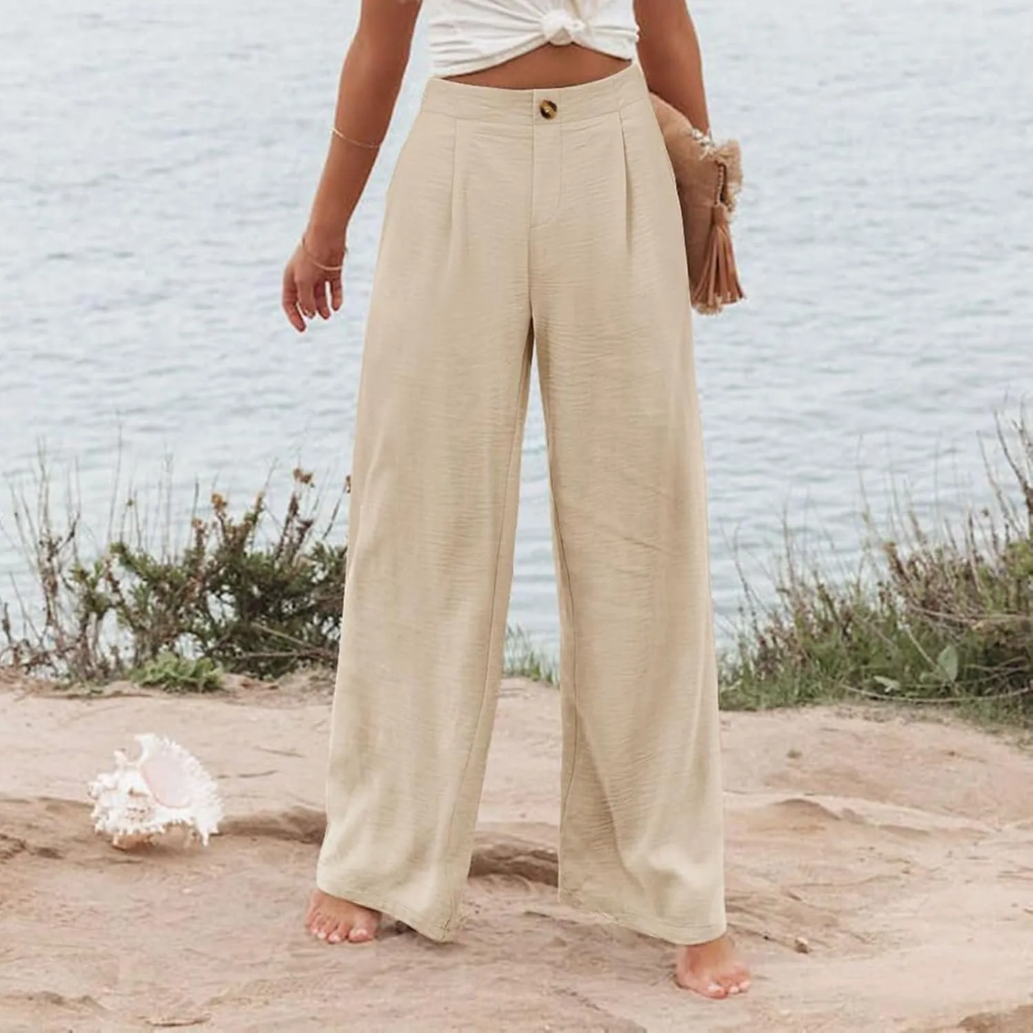 Womens Linen Pants Lounge Baggy Flowy Beach Pants Elastic High Waisted Pleated Wide Leg Trousers with Pockets
