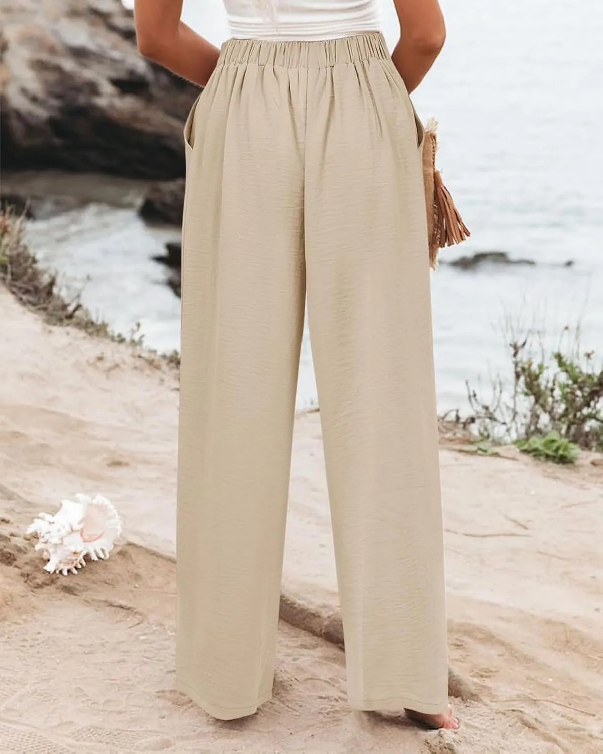 Womens Linen Pants Lounge Baggy Flowy Beach Pants Elastic High Waisted Pleated Wide Leg Trousers with Pockets