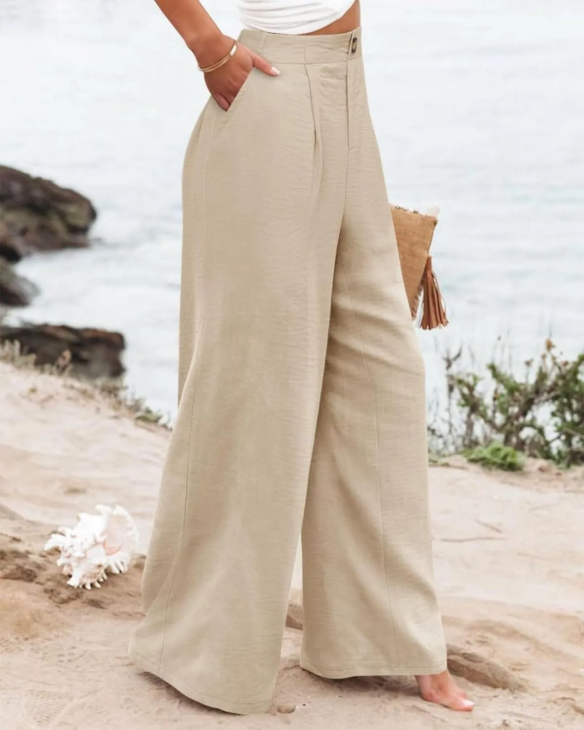 Womens Linen Pants Lounge Baggy Flowy Beach Pants Elastic High Waisted Pleated Wide Leg Trousers with Pockets