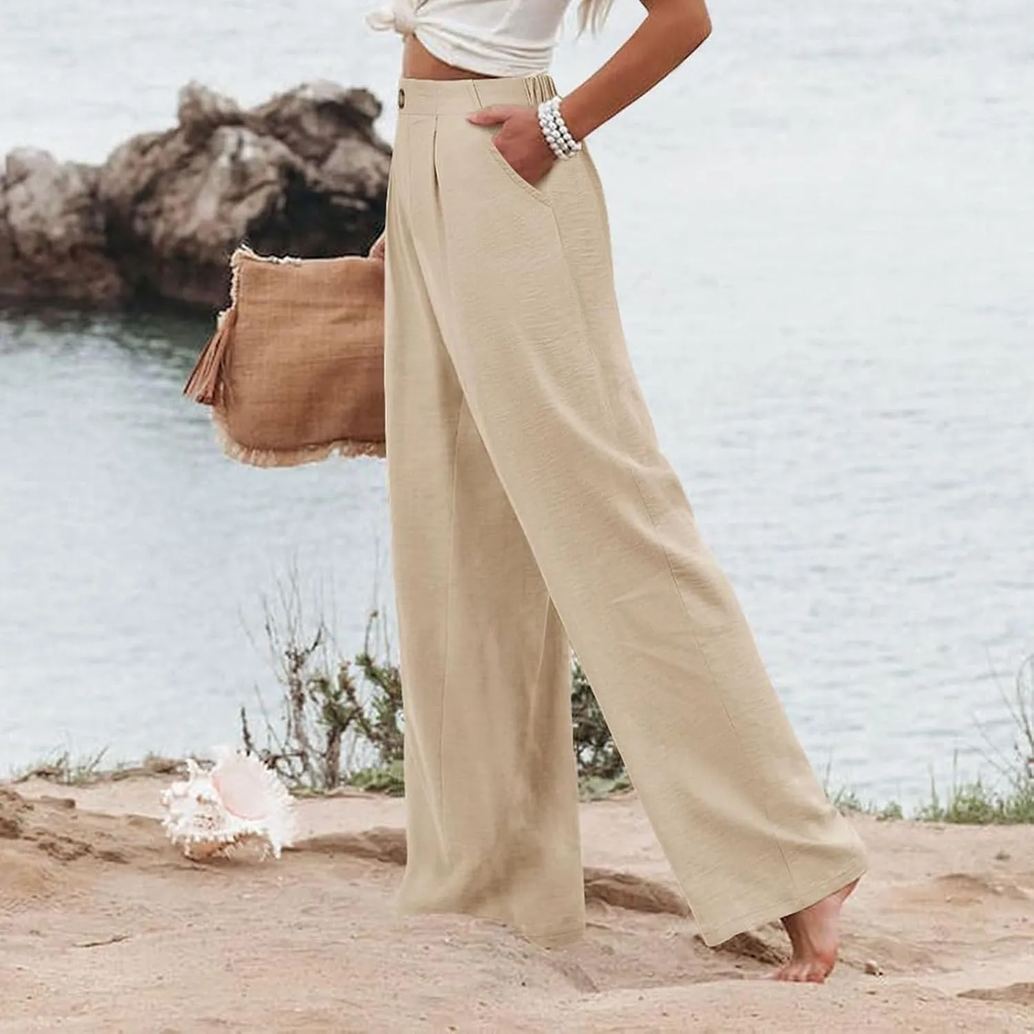 Womens Linen Pants Lounge Baggy Flowy Beach Pants Elastic High Waisted Pleated Wide Leg Trousers with Pockets