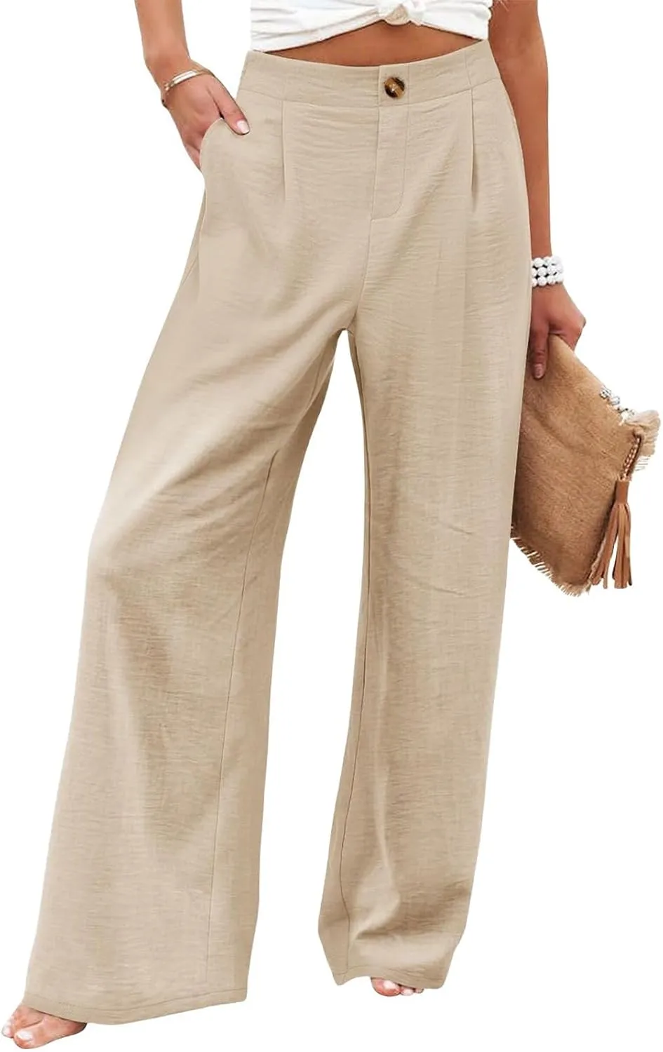 Womens Linen Pants Lounge Baggy Flowy Beach Pants Elastic High Waisted Pleated Wide Leg Trousers with Pockets