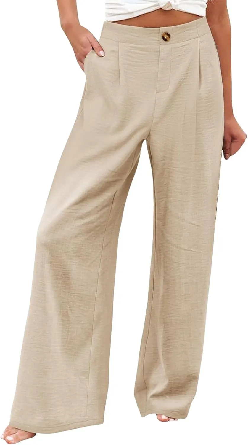 Womens Linen Pants Lounge Baggy Flowy Beach Pants Elastic High Waisted Pleated Wide Leg Trousers with Pockets