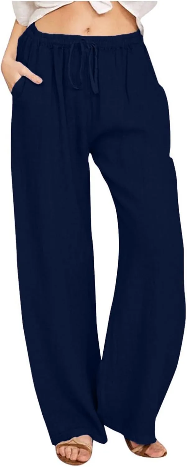 Womens Linen Pants Summer Trendy Lightweight Baggy Casual Palazzo Pants with Pockets Elastic Waist Drawstring Beach Trouser