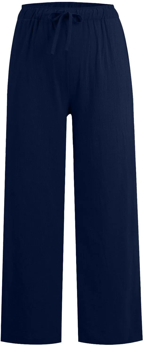 Womens Linen Pants Summer Trendy Lightweight Baggy Casual Palazzo Pants with Pockets Elastic Waist Drawstring Beach Trouser