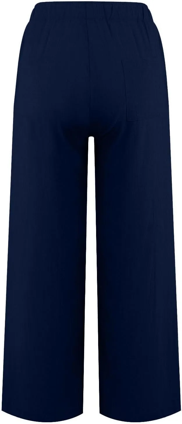Womens Linen Pants Summer Trendy Lightweight Baggy Casual Palazzo Pants with Pockets Elastic Waist Drawstring Beach Trouser