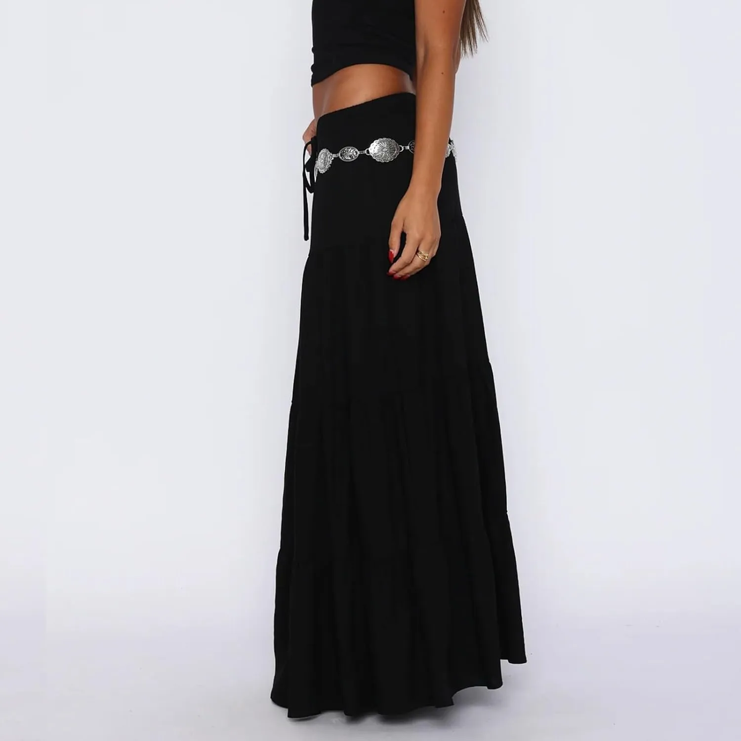 Women's Long Maxi Skirts Elastic High Waist Tiered Flowy Long Skirt Pleated Swing A-Line Maxi Summer Beach Skirt