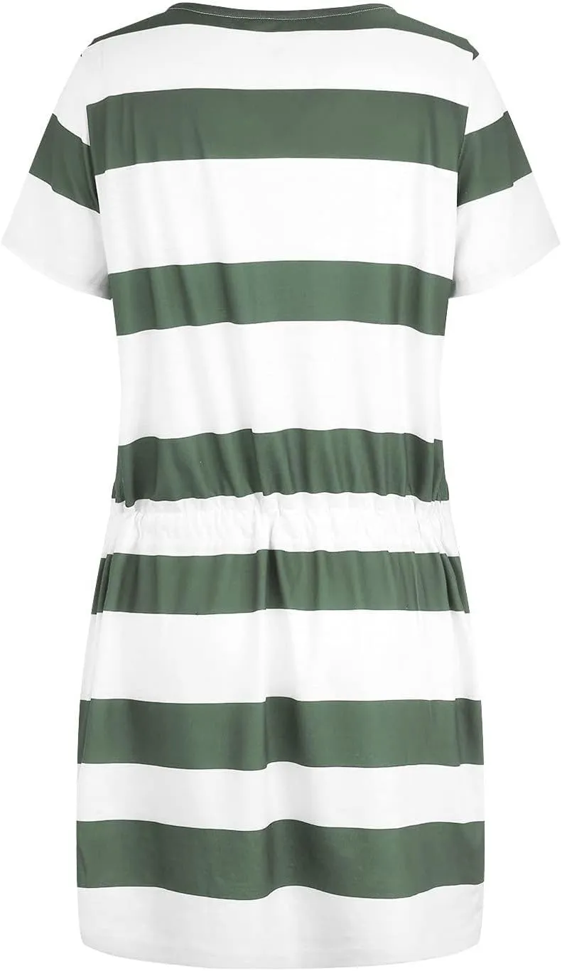 Women's Mini Dresses Summer Short Sleeve V Neck Tops Dress Elastic Waist Drawstring Dress Casual Striped Dresses
