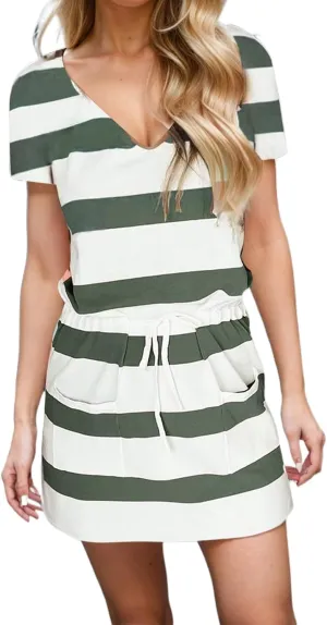 Women's Mini Dresses Summer Short Sleeve V Neck Tops Dress Elastic Waist Drawstring Dress Casual Striped Dresses