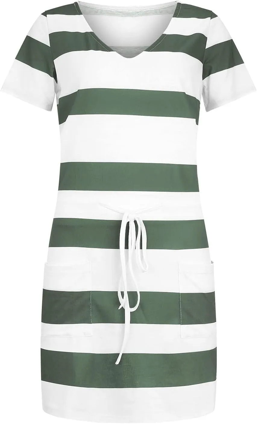 Women's Mini Dresses Summer Short Sleeve V Neck Tops Dress Elastic Waist Drawstring Dress Casual Striped Dresses