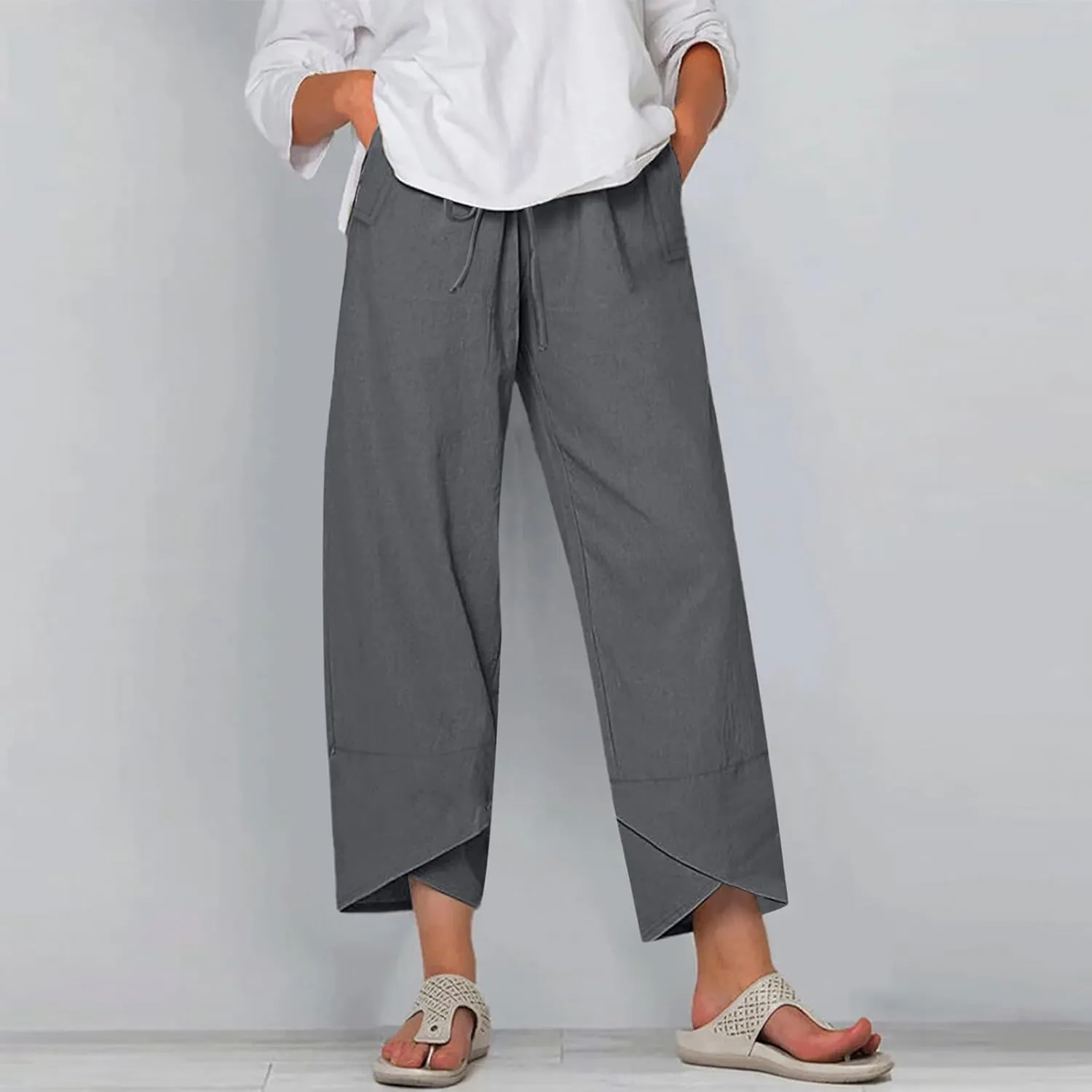 Women's Pants for Summer Fahsion Drawstringg Elastic Wasit Linen Pants Straight Leg Causual Trousers with Pockets