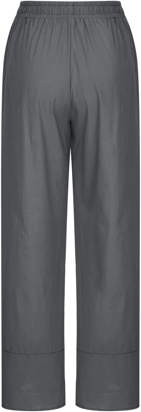 Women's Pants for Summer Fahsion Drawstringg Elastic Wasit Linen Pants Straight Leg Causual Trousers with Pockets