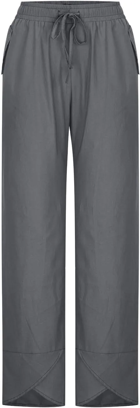 Women's Pants for Summer Fahsion Drawstringg Elastic Wasit Linen Pants Straight Leg Causual Trousers with Pockets