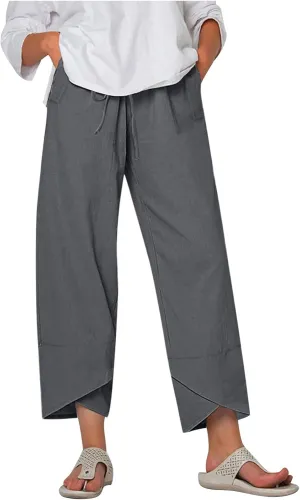 Women's Pants for Summer Fahsion Drawstringg Elastic Wasit Linen Pants Straight Leg Causual Trousers with Pockets