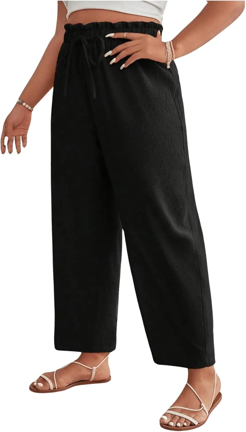 Women's Plus Size Drawstring High Waist Pants Loose Casual Knot Front Trousers Lounge