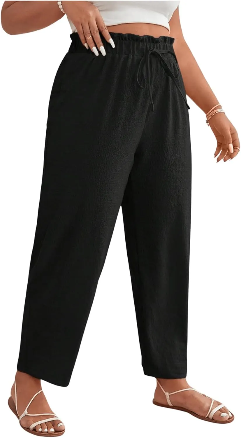 Women's Plus Size Drawstring High Waist Pants Loose Casual Knot Front Trousers Lounge