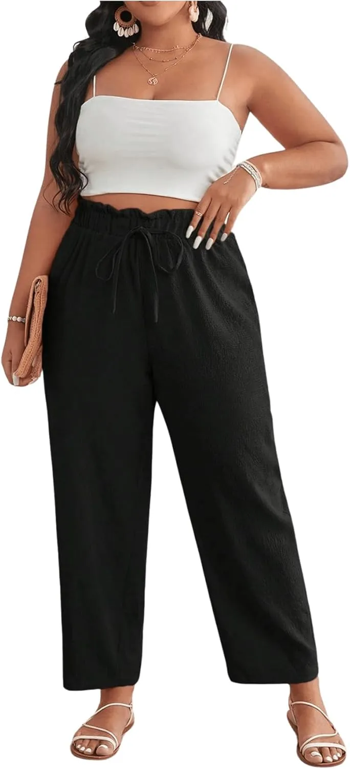 Women's Plus Size Drawstring High Waist Pants Loose Casual Knot Front Trousers Lounge