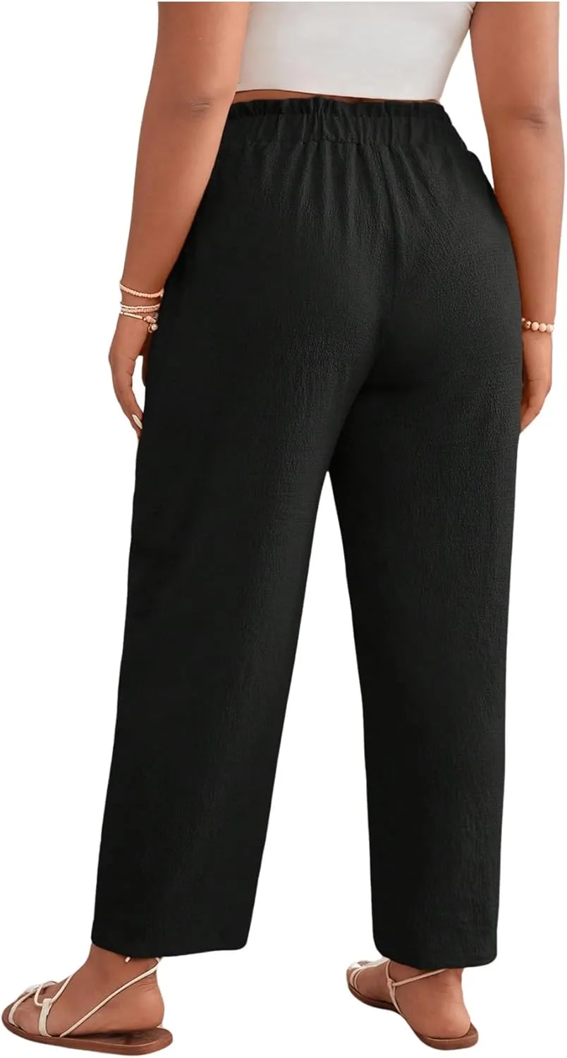 Women's Plus Size Drawstring High Waist Pants Loose Casual Knot Front Trousers Lounge