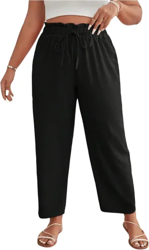 Women's Plus Size Drawstring High Waist Pants Loose Casual Knot Front Trousers Lounge