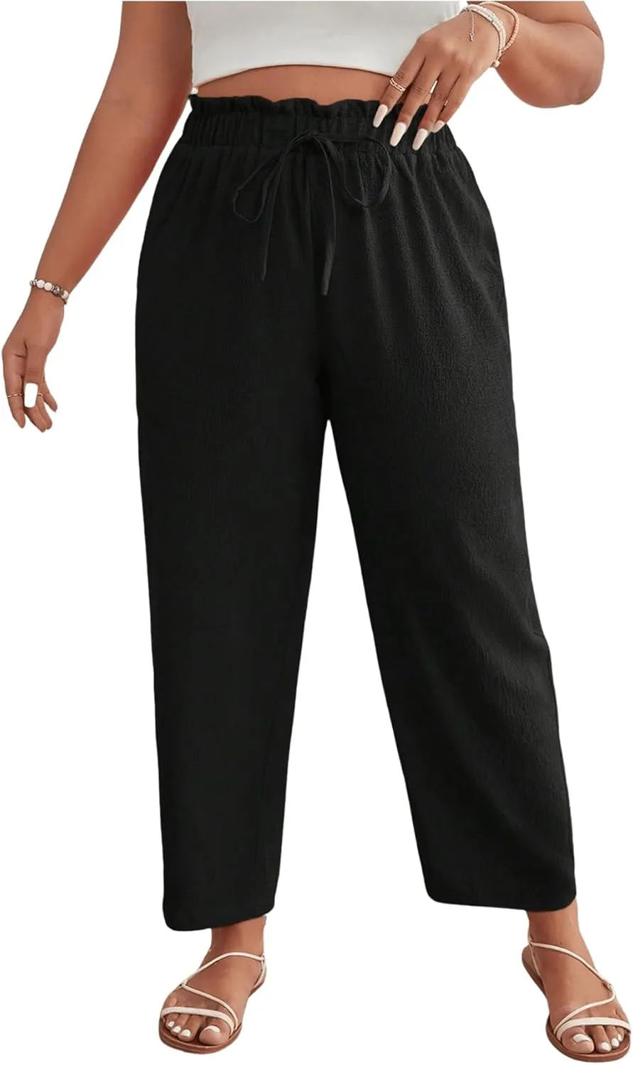 Women's Plus Size Drawstring High Waist Pants Loose Casual Knot Front Trousers Lounge