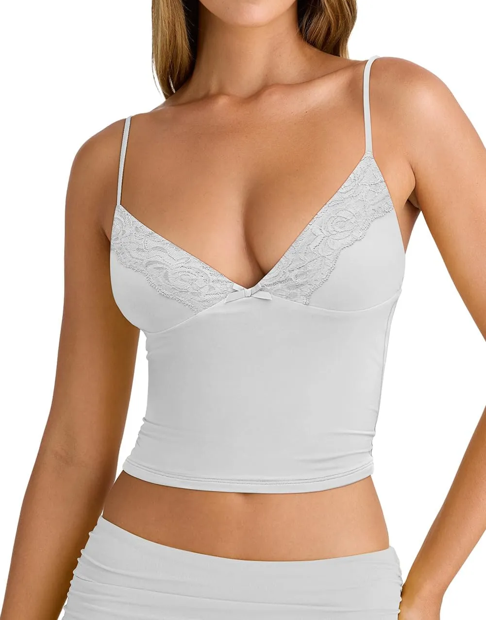 Women's Sexy Lace V Neck Spaghetti Strap Tank Top Sleeveless Double Lined Fitted Going Out Camisole Tops