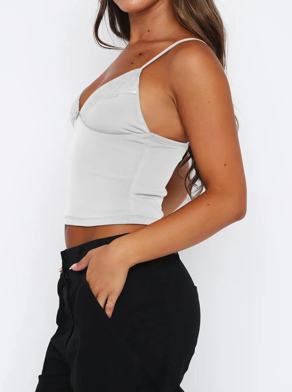 Women's Sexy Lace V Neck Spaghetti Strap Tank Top Sleeveless Double Lined Fitted Going Out Camisole Tops