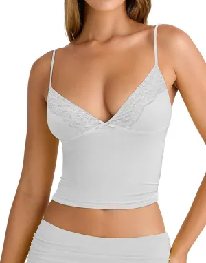 Women's Sexy Lace V Neck Spaghetti Strap Tank Top Sleeveless Double Lined Fitted Going Out Camisole Tops